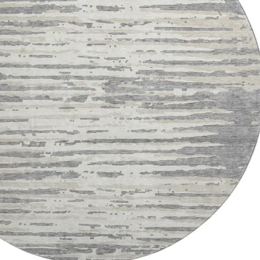 8' Gray And Ivory Striped Washable Round Rug With UV Protection Photo 3