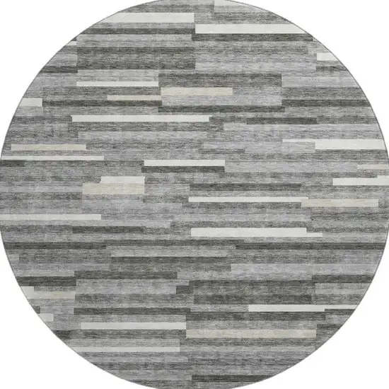 8' Gray And Ivory Striped Washable Round Rug With UV Protection Photo 4