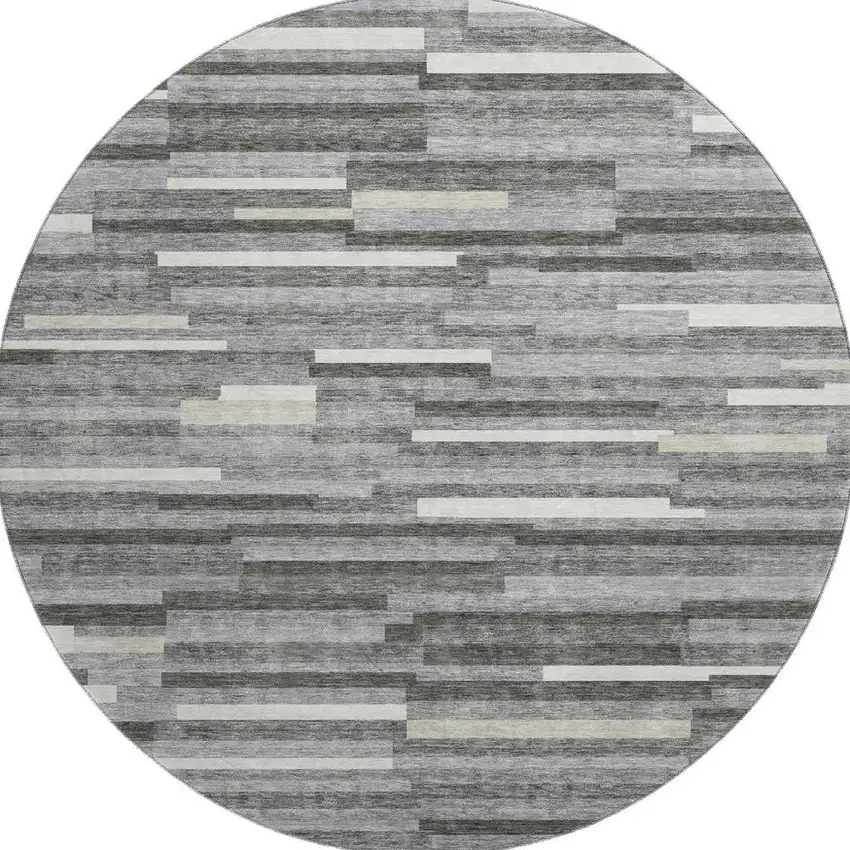 8' Gray And Ivory Striped Washable Round Rug With UV Protection Photo 4