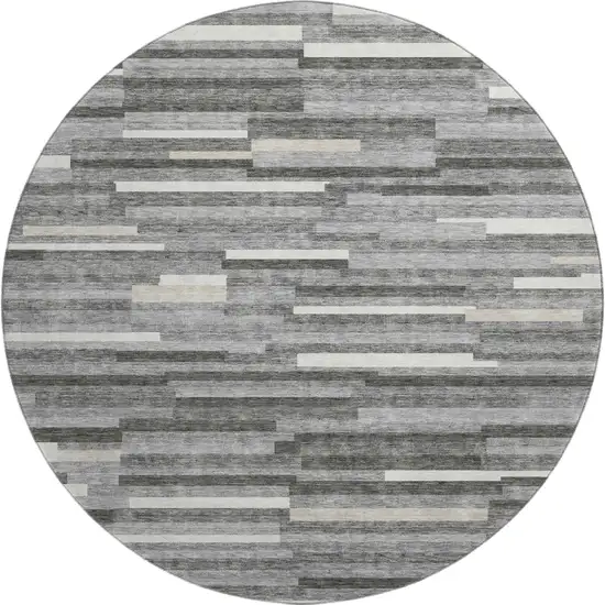 8' Gray And Ivory Striped Washable Round Rug With UV Protection Photo 1
