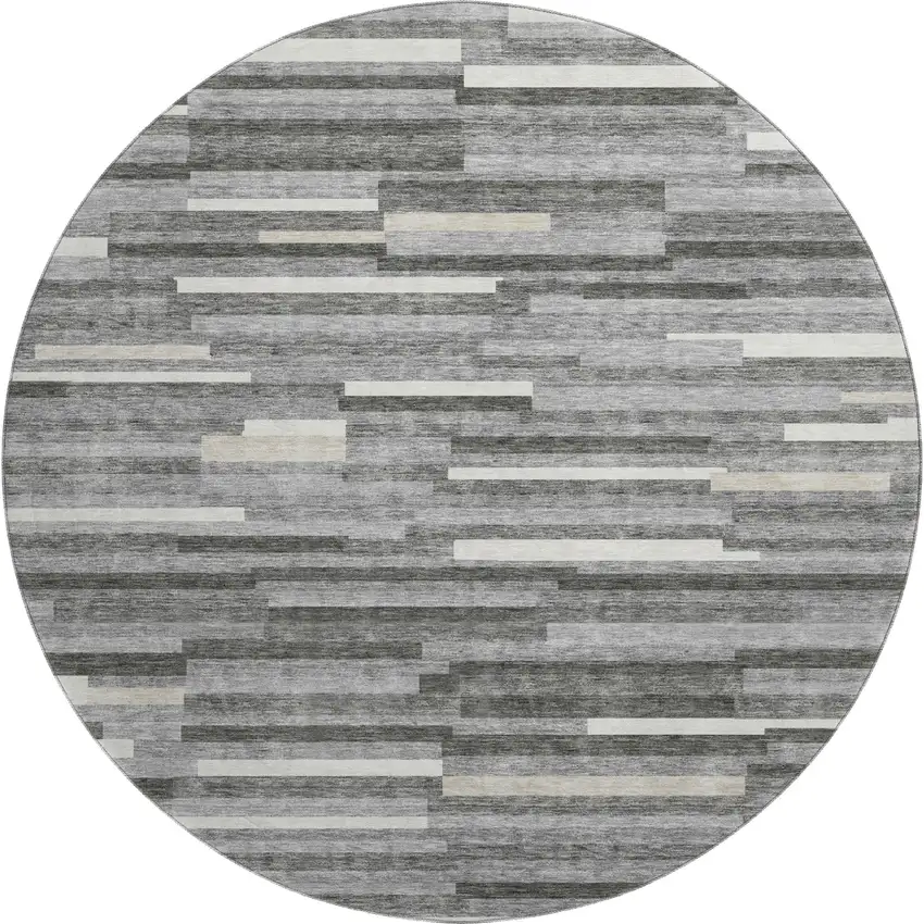 8' Gray And Ivory Striped Washable Round Rug With UV Protection Photo 1