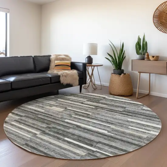 8' Gray And Ivory Striped Washable Round Rug With UV Protection Photo 5