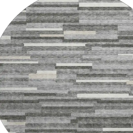 8' Gray And Ivory Striped Washable Round Rug With UV Protection Photo 3