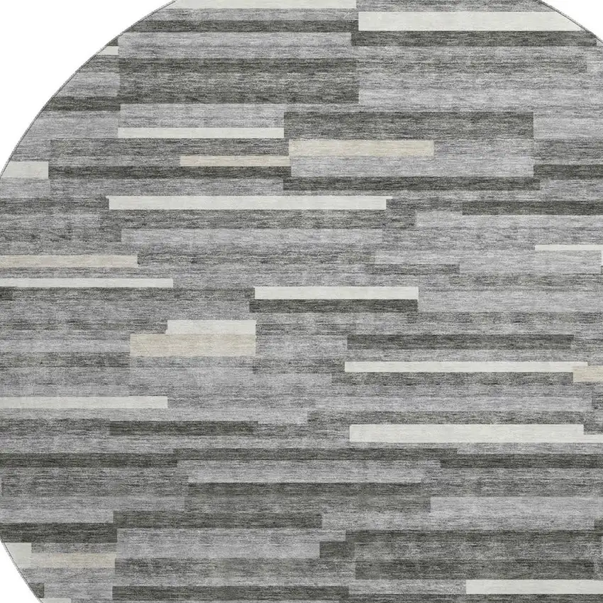 8' Gray And Ivory Striped Washable Round Rug With UV Protection Photo 3
