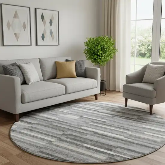 8' Gray And Ivory Striped Washable Round Rug With UV Protection Photo 1