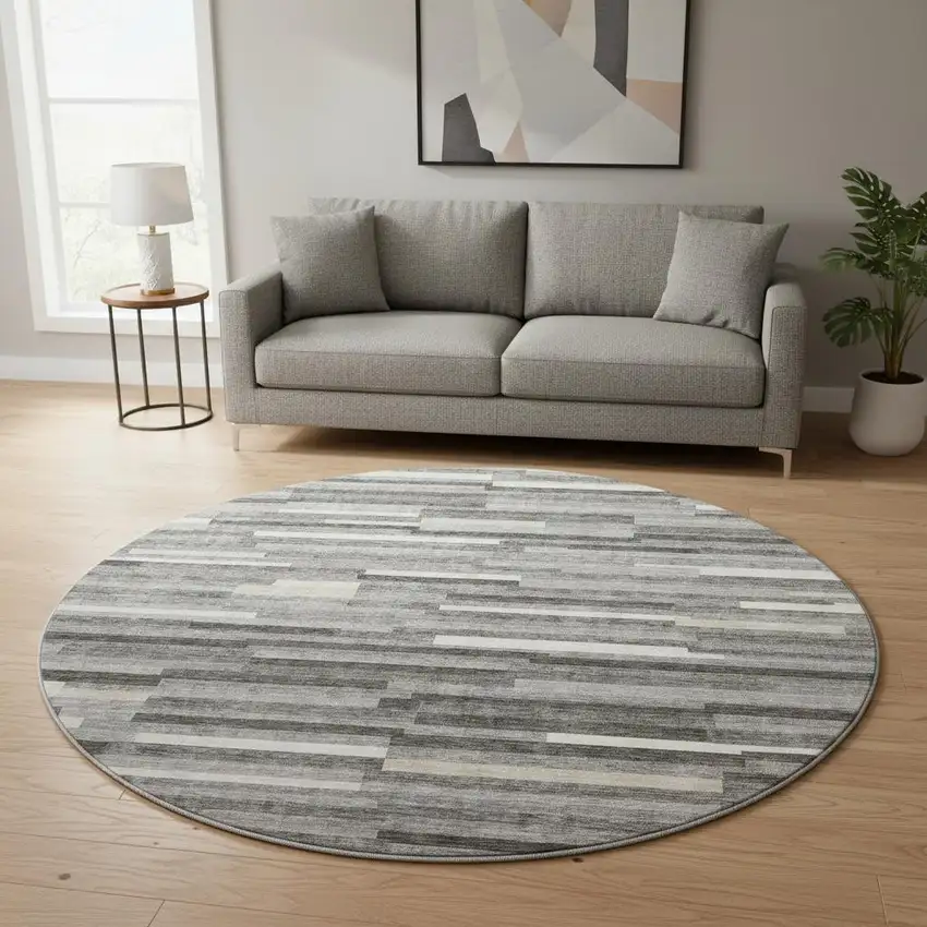 8' Gray And Ivory Striped Washable Round Rug With UV Protection Photo 2