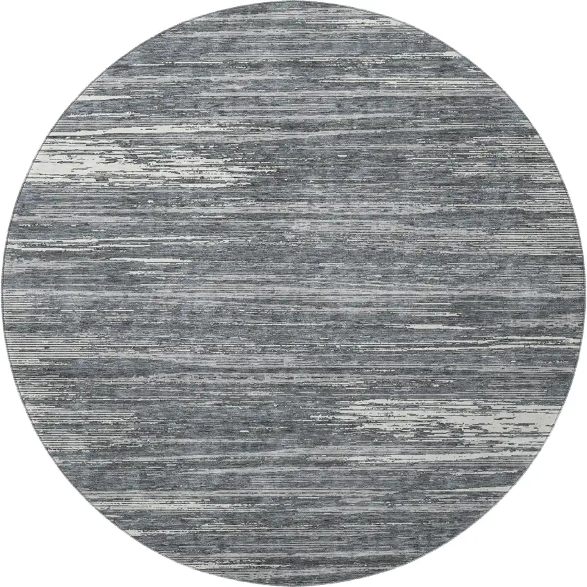 8' Gray And Ivory Striped Washable Round Rug With UV Protection Photo 4