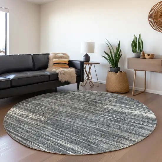 8' Gray And Ivory Striped Washable Round Rug With UV Protection Photo 5