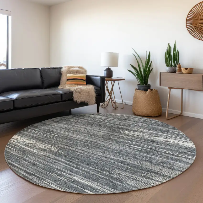 8' Gray And Ivory Striped Washable Round Rug With UV Protection Photo 5
