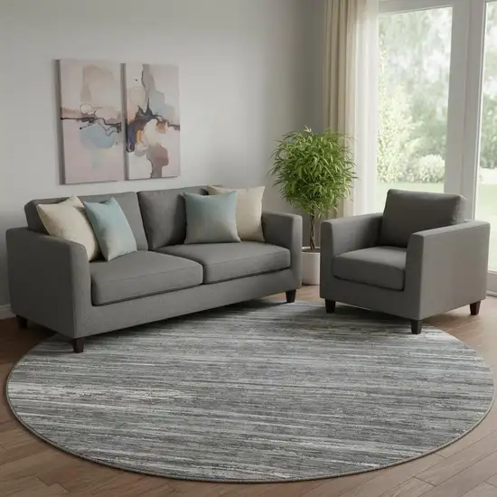 8' Gray And Ivory Striped Washable Round Rug With UV Protection Photo 1