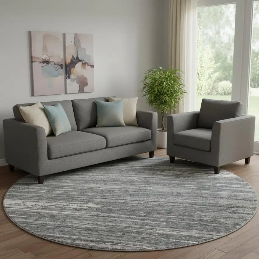 8' Gray And Ivory Striped Washable Round Rug With UV Protection Photo 1