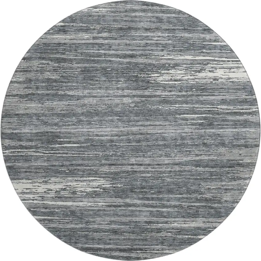 8' Gray And Ivory Striped Washable Round Rug With UV Protection Photo 1