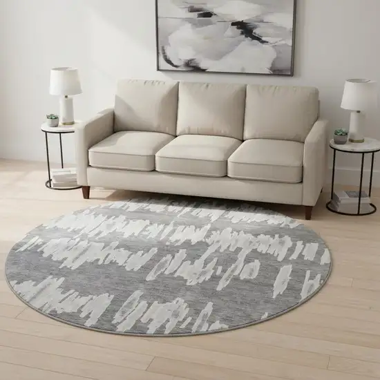 8' Gray And Ivory Striped Washable Round Rug With UV Protection Photo 2