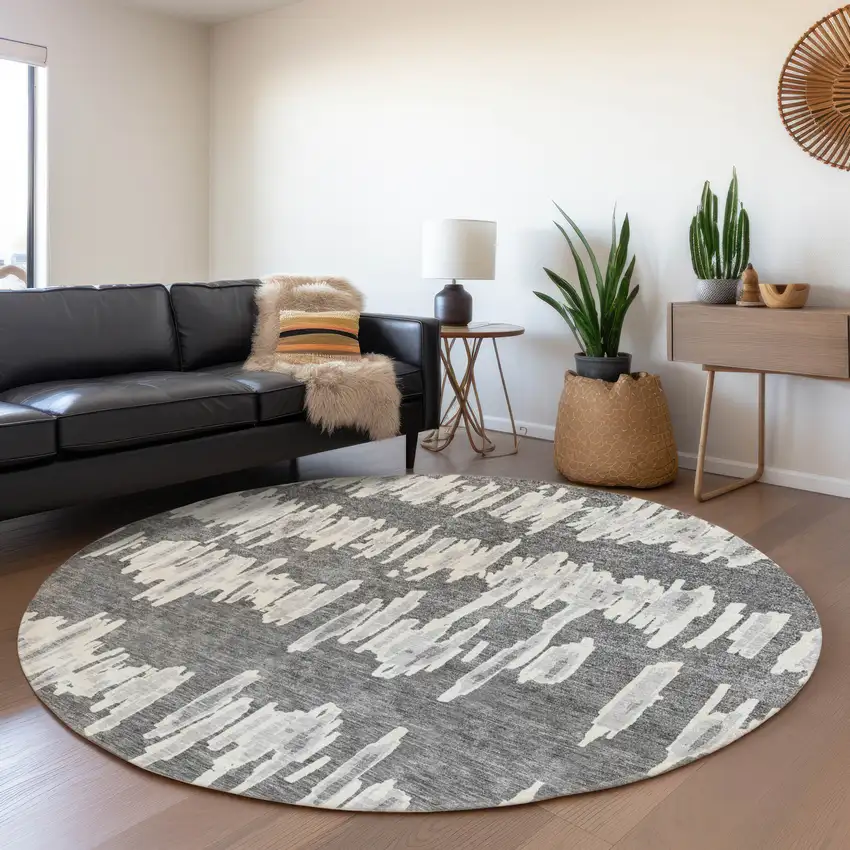 8' Gray And Ivory Striped Washable Round Rug With UV Protection Photo 5