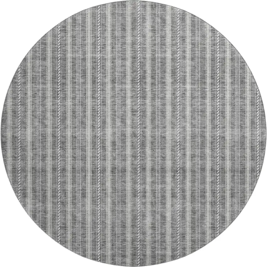 8' Gray And Ivory Striped Washable Round Rug With UV Protection Photo 1