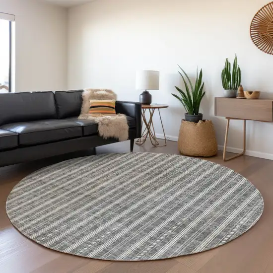 8' Gray And Ivory Striped Washable Round Rug With UV Protection Photo 4