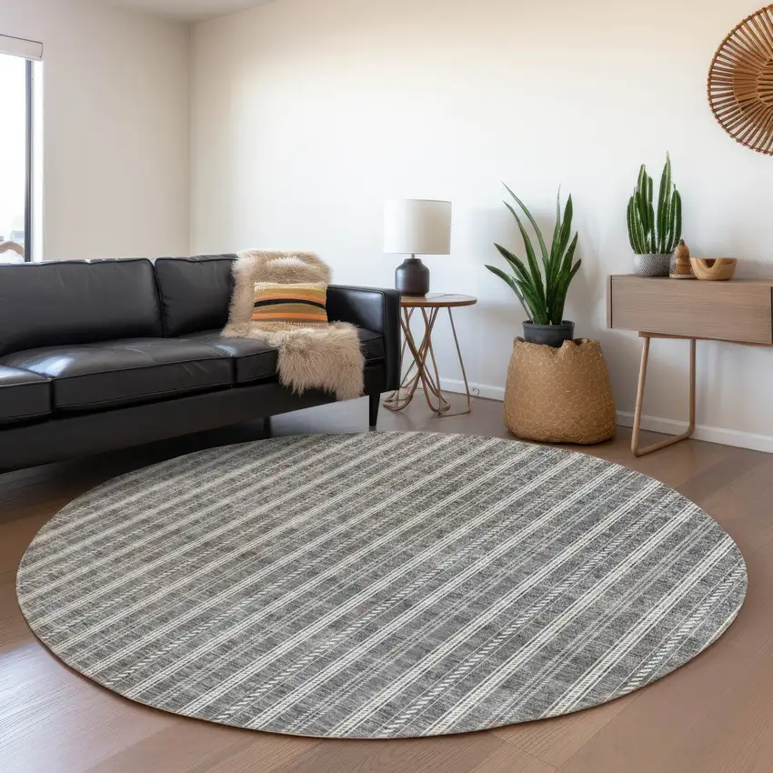 8' Gray And Ivory Striped Washable Round Rug With UV Protection Photo 4