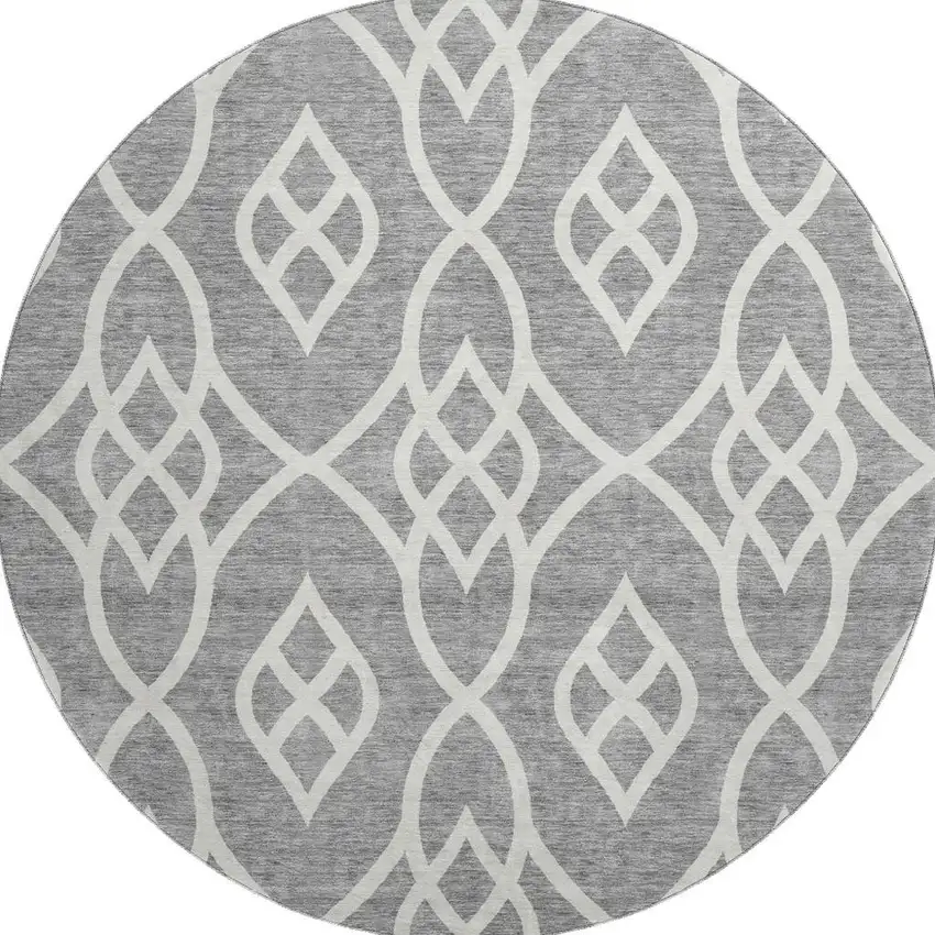 8' Gray And Ivory Trellis Washable Round Rug With UV Protection Photo 3