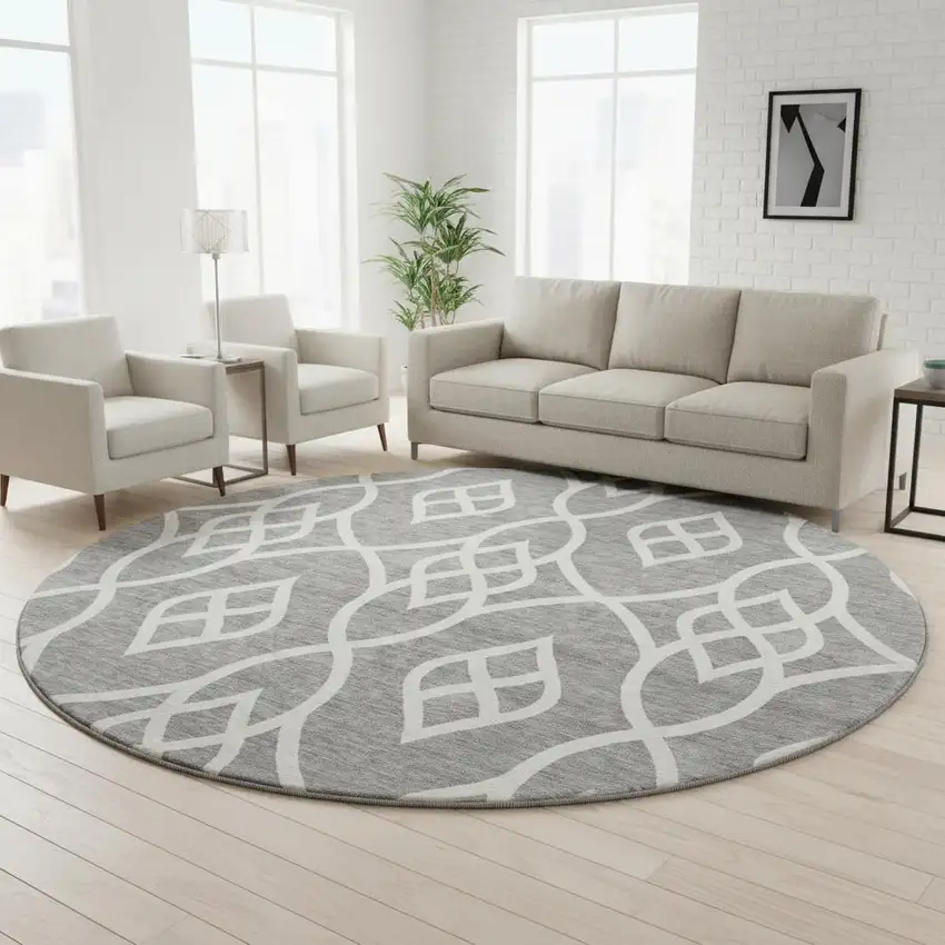 8' Gray And Ivory Trellis Washable Round Rug With UV Protection Photo 2