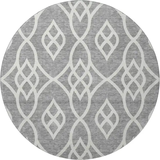 8' Gray And Ivory Trellis Washable Round Rug With UV Protection Photo 4