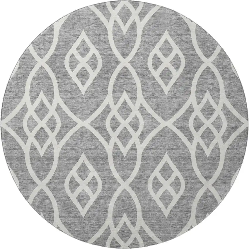 8' Gray And Ivory Trellis Washable Round Rug With UV Protection Photo 4
