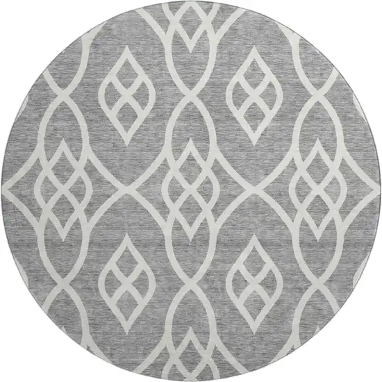 8' Gray And Ivory Trellis Washable Round Rug With UV Protection Photo 1