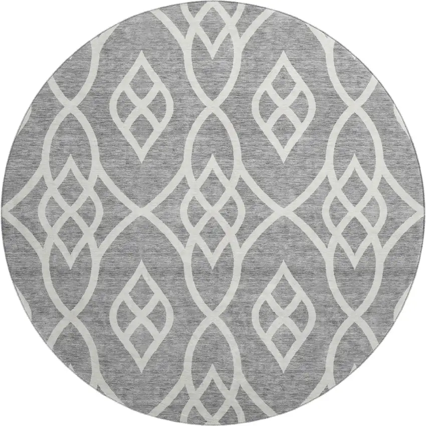 8' Gray And Ivory Trellis Washable Round Rug With UV Protection Photo 1