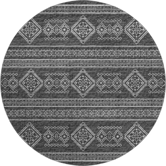 8' Gray And Ivory Tribal Washable Round Rug With UV Protection Photo 2