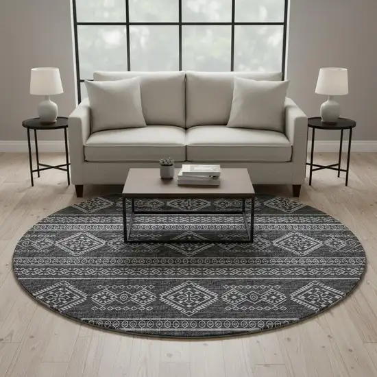 8' Gray And Ivory Tribal Washable Round Rug With UV Protection Photo 1
