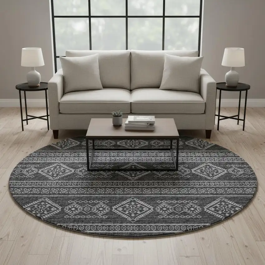 8' Gray And Ivory Tribal Washable Round Rug With UV Protection Photo 1
