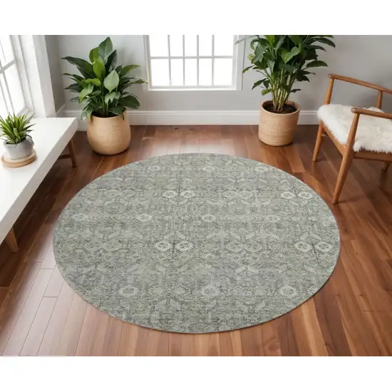 8' Gray And Ivory Tribal Washable Round Rug With UV Protection Photo 2