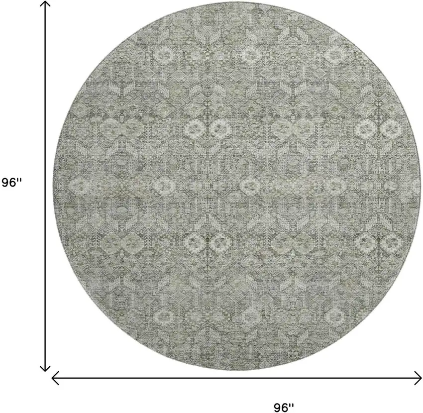 8' Gray And Ivory Tribal Washable Round Rug With UV Protection Photo 9