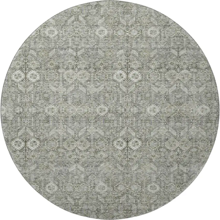 8' Gray And Ivory Tribal Washable Round Rug With UV Protection Photo 3