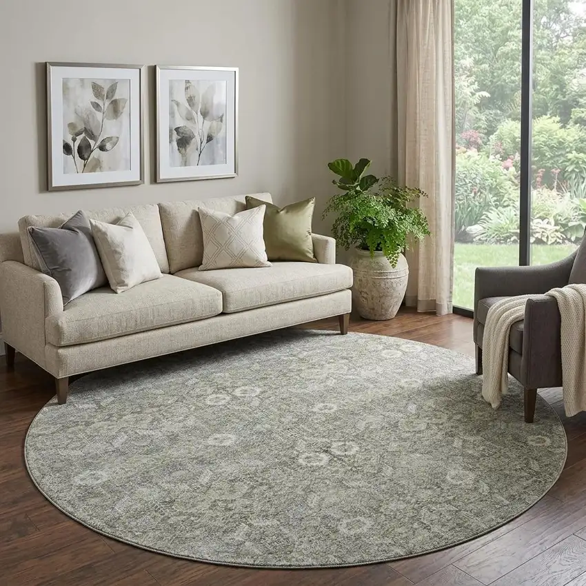 8' Gray And Ivory Tribal Washable Round Rug With UV Protection Photo 1
