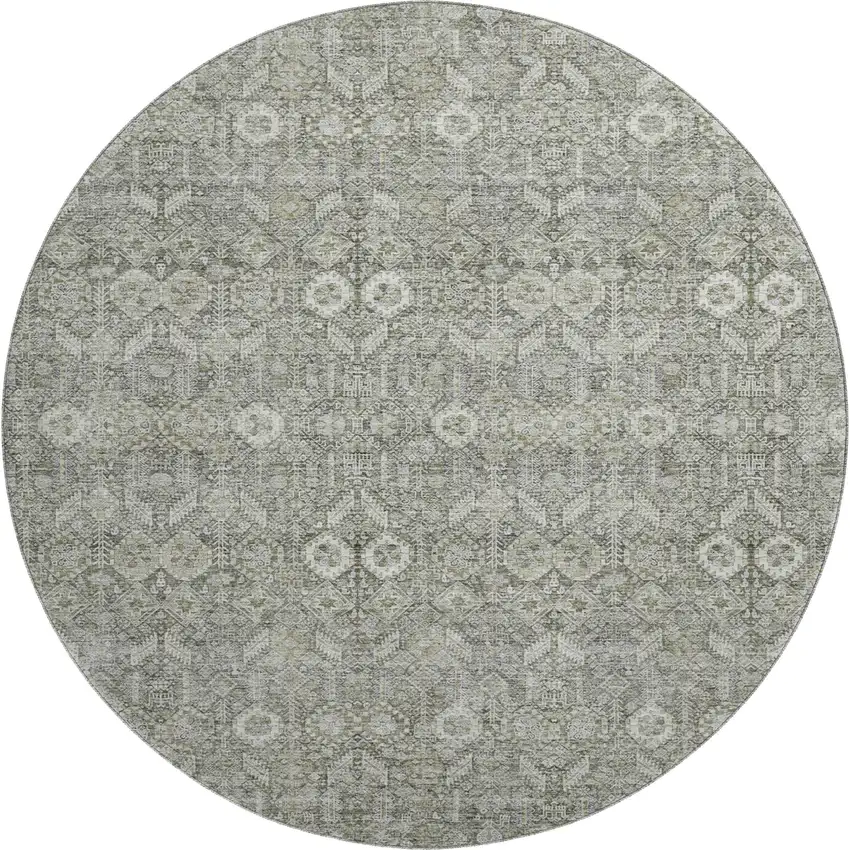 8' Gray And Ivory Tribal Washable Round Rug With UV Protection Photo 1