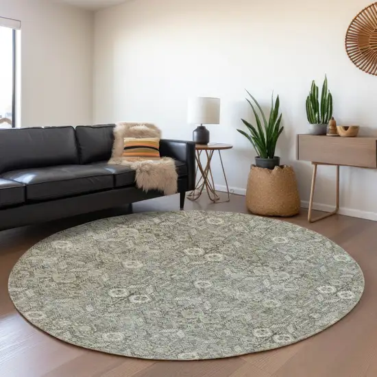 8' Gray And Ivory Tribal Washable Round Rug With UV Protection Photo 4