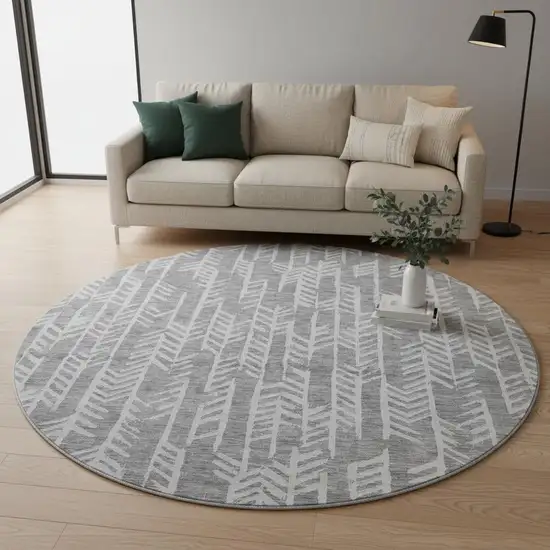 8' Gray And Ivory Tribal Washable Round Rug With UV Protection Photo 2