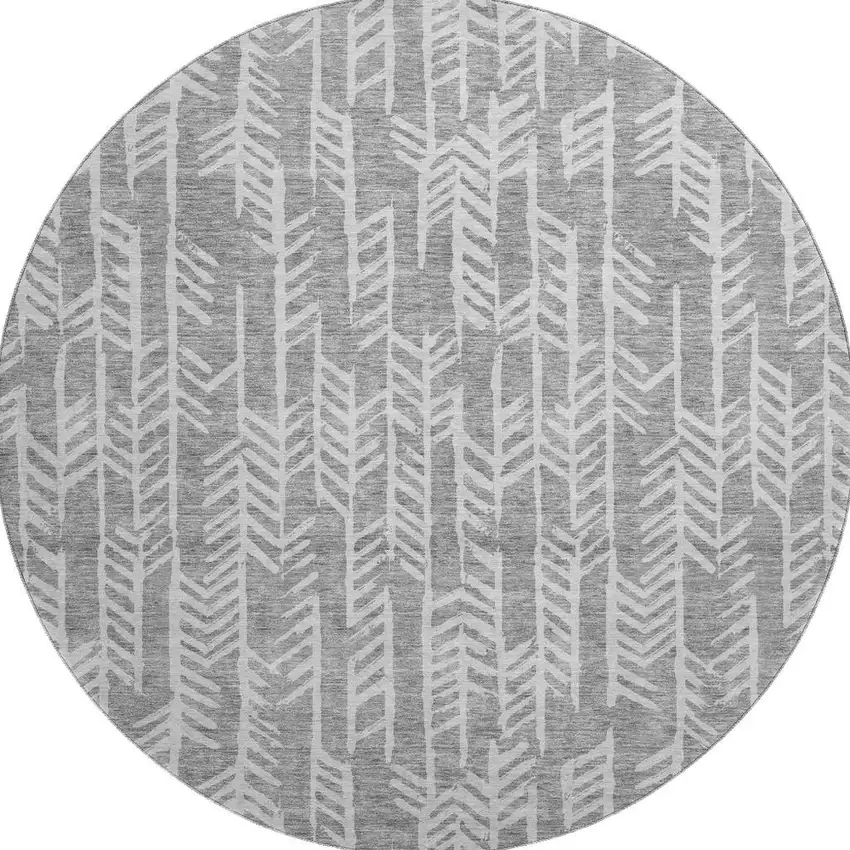 8' Gray And Ivory Tribal Washable Round Rug With UV Protection Photo 3