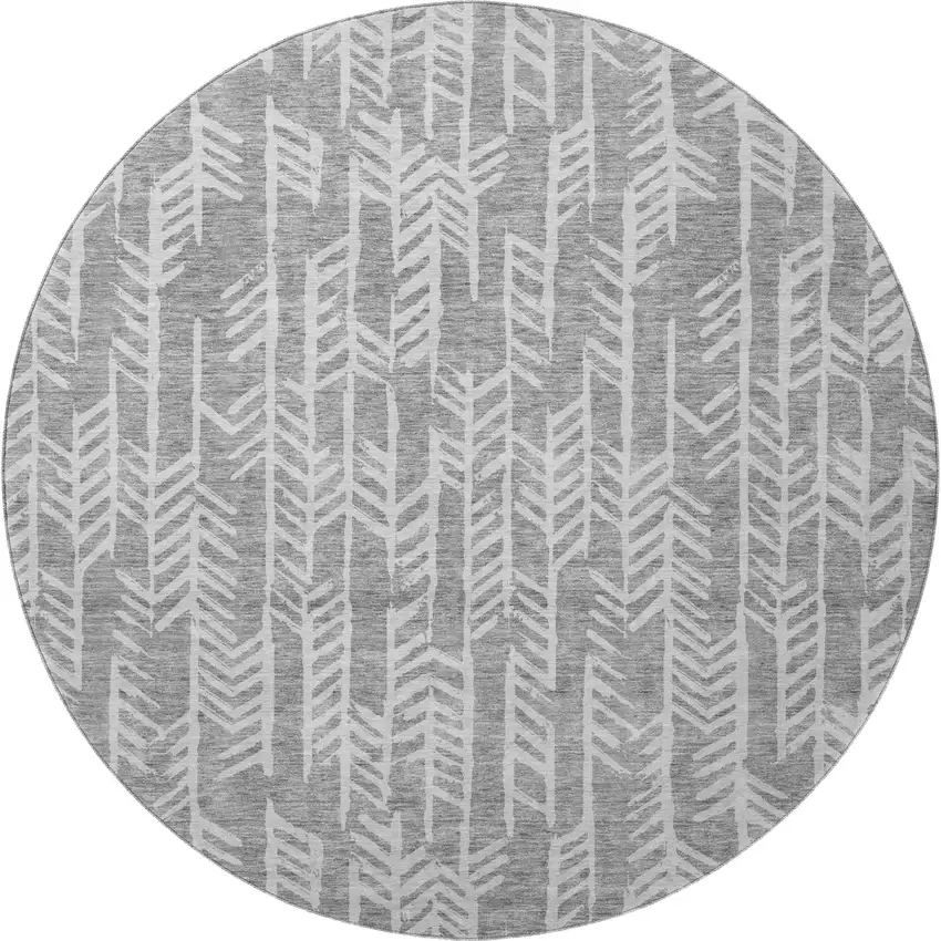 8' Gray And Ivory Tribal Washable Round Rug With UV Protection Photo 4