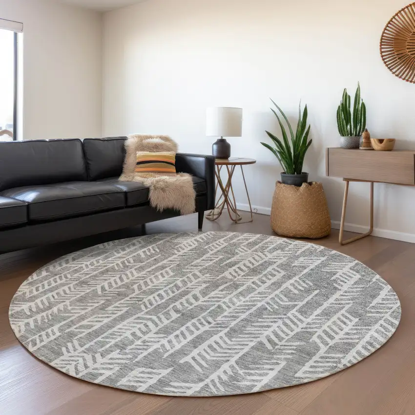 8' Gray And Ivory Tribal Washable Round Rug With UV Protection Photo 5