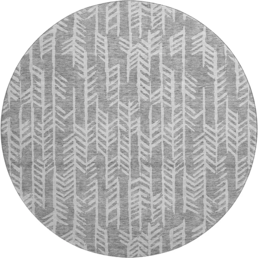 8' Gray And Ivory Tribal Washable Round Rug With UV Protection Photo 1