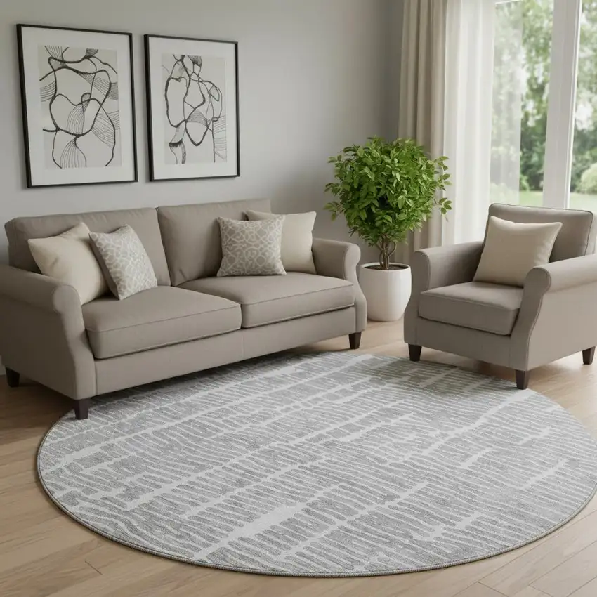 8' Gray And Ivory Vermicular Washable Round Rug With UV Protection Photo 1