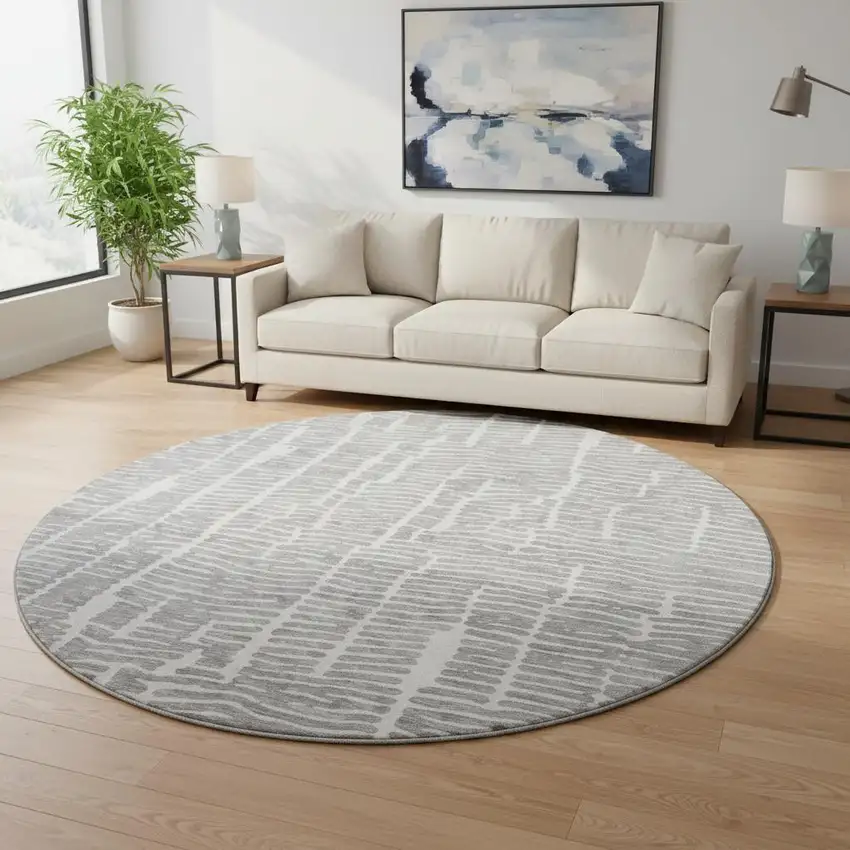8' Gray And Ivory Vermicular Washable Round Rug With UV Protection Photo 2