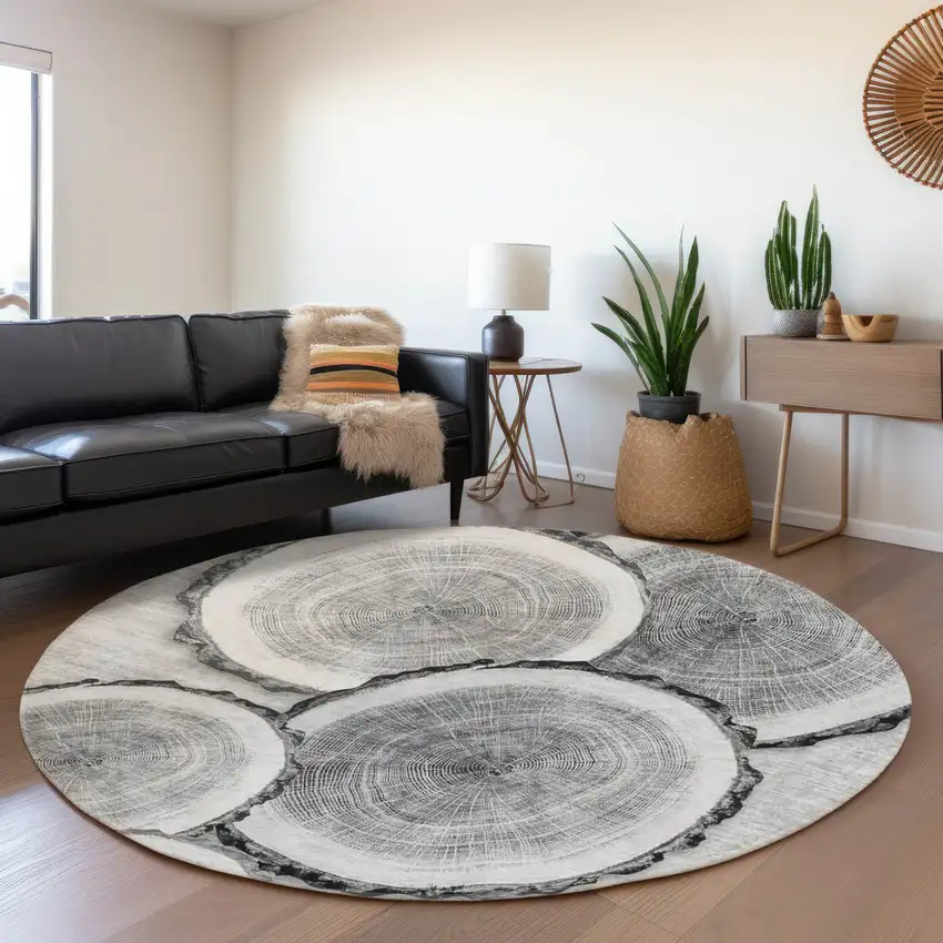 8' Gray And Ivory Woodland Lodge Washable Round Rug With UV Protection Photo 5