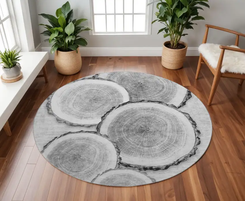 8' Gray And Ivory Woodland Lodge Washable Round Rug With UV Protection Photo 2