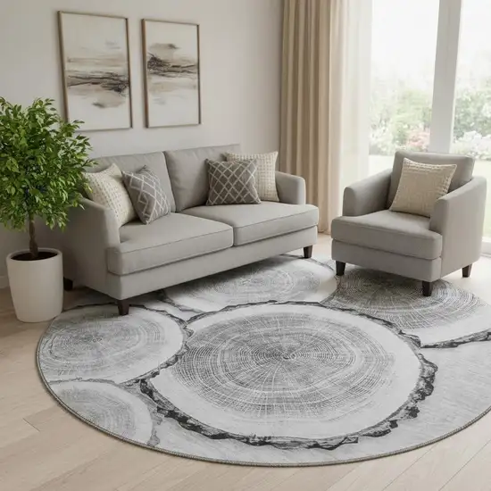 8' Gray And Ivory Woodland Lodge Washable Round Rug With UV Protection Photo 1