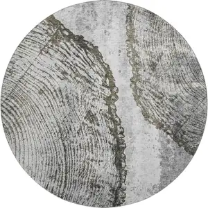 Photo of 8' Gray And Ivory Woodland Lodge Washable Round Rug With UV Protection