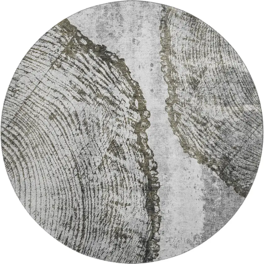 8' Gray And Ivory Woodland Lodge Washable Round Rug With UV Protection Photo 1