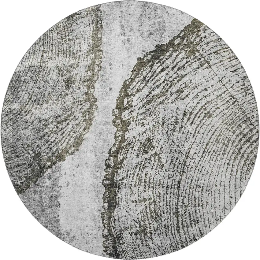 8' Gray And Ivory Woodland Lodge Washable Round Rug With UV Protection Photo 3