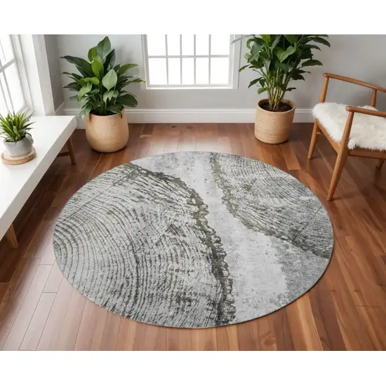 8' Gray And Ivory Woodland Lodge Washable Round Rug With UV Protection Photo 2